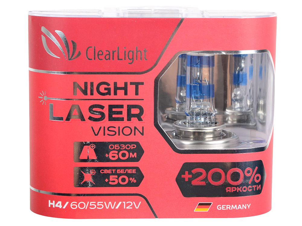 Clearlight Night Laser Vision + 200% kevyt, H4-pohja, 12V, 60 / 55W